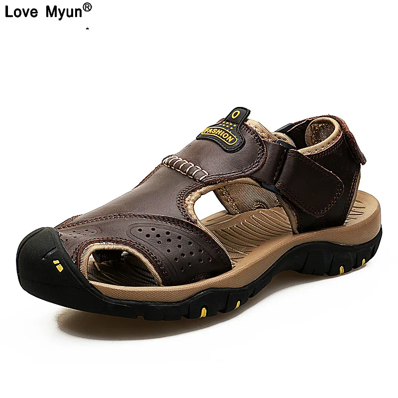 

Men Sandals Brand Summer Genuine Leather Sandals Men Outdoor Beach Slippers Walking Sport Male Rubber Sole Casual Shoes Big Size