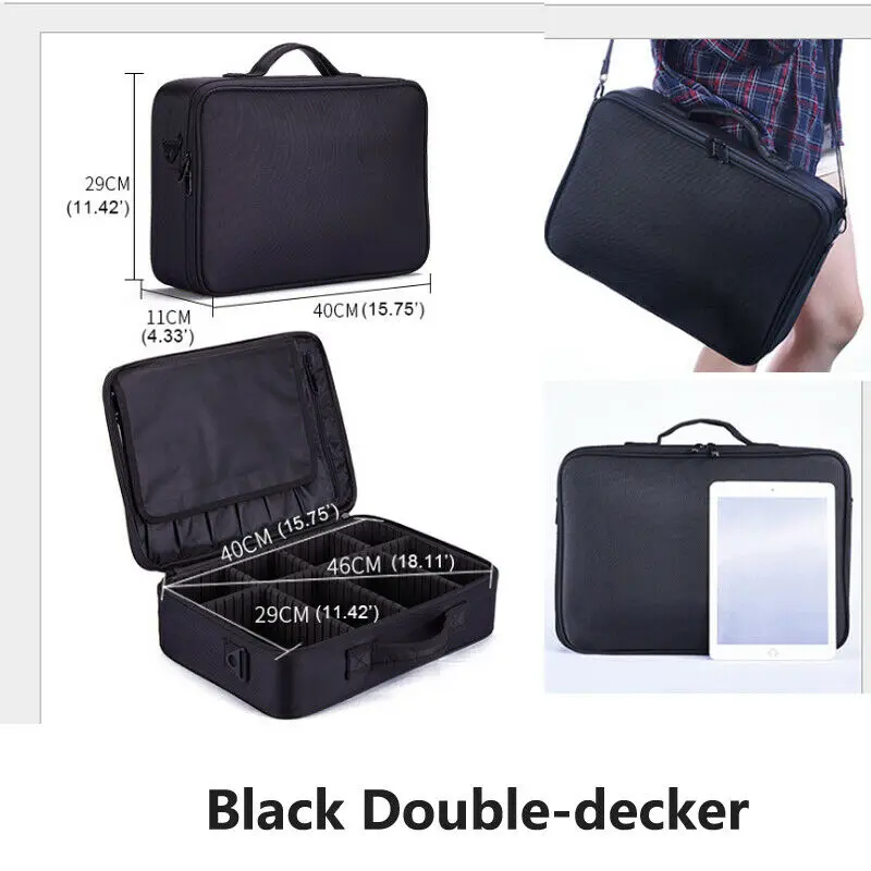 Многофункциональная сумка для косметики профессиональная косметика большая емкость коробка для хранения дорожная портативная косметичка - Цвет: Black Double decker