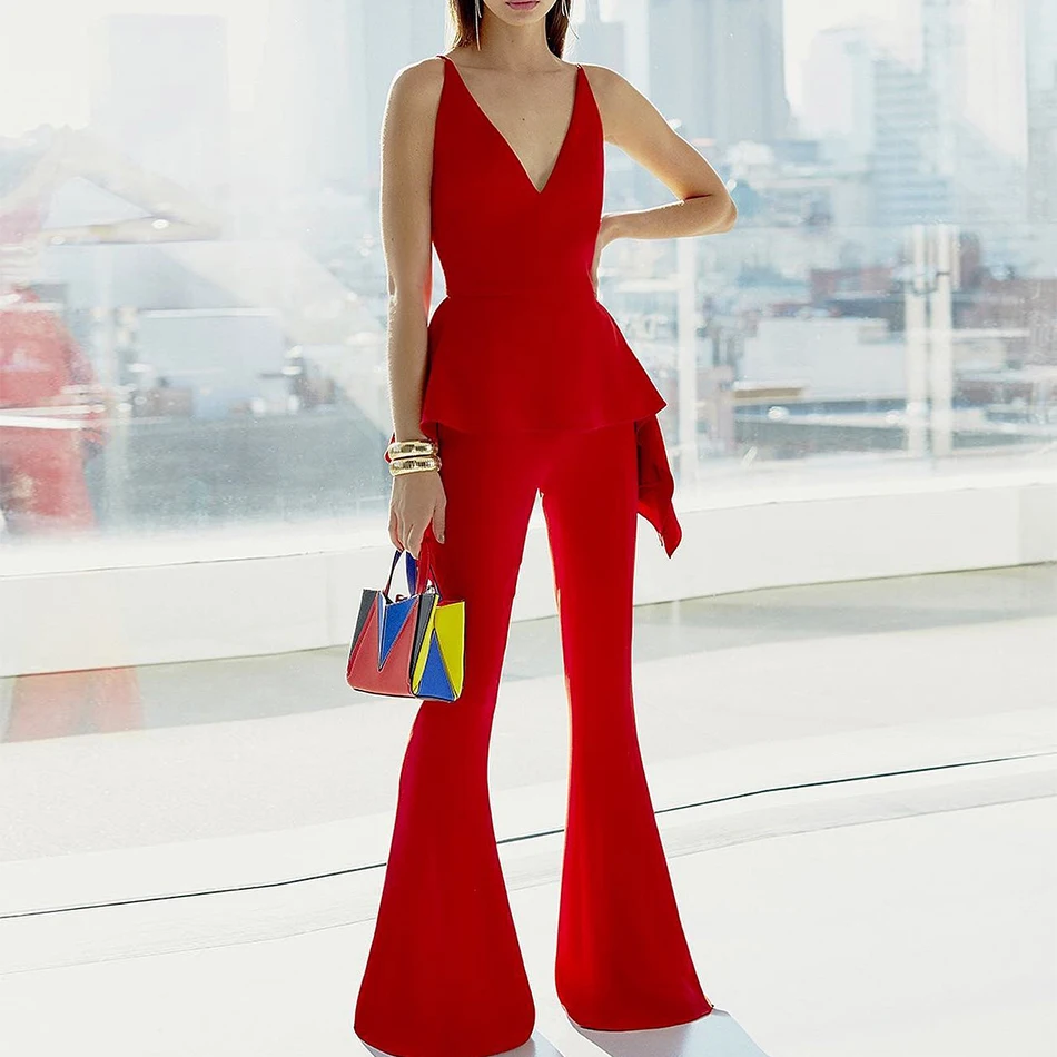 Женский Облегающий комбинезон DressBird красный с треугольным вырезом для вечеринок