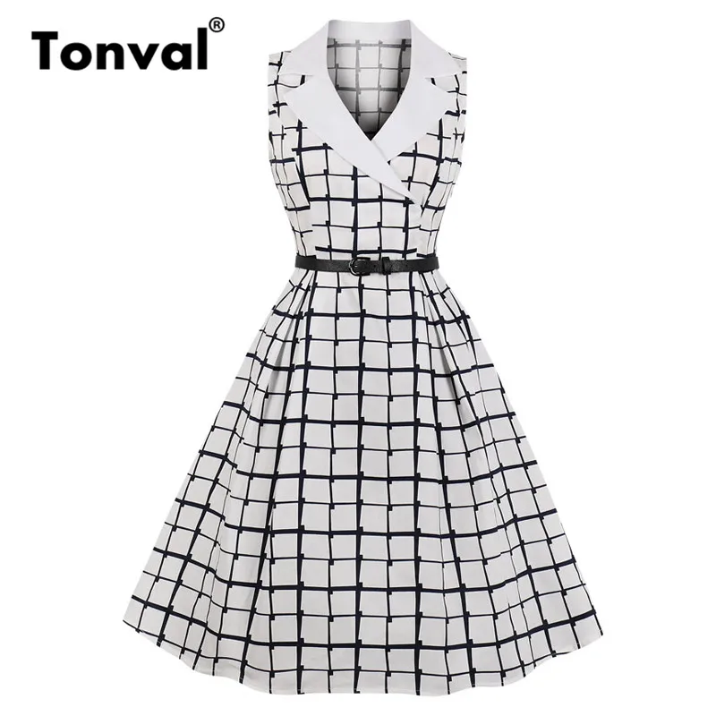 

Tonval White Notched Collar Sleeveless Vintage Summer Dress Geometrical Plaid Elegant Office Lady Dress Women High Waist Dress