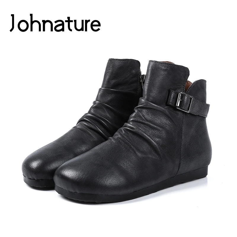 

Johnature 2019 New Autumn/Winter Handmade Genuine Leather Round Toe Zipper Sewing Solid Flat Platform Ankle Boots Women Shoes