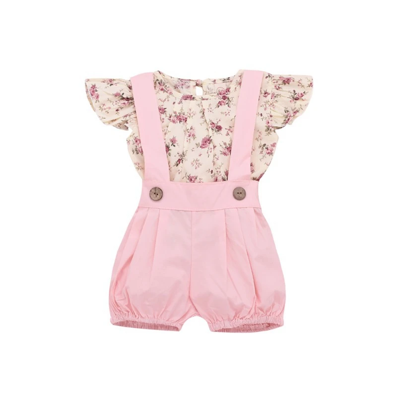 

Autumn Toddler Girl Suits Children Clothing Newborn Girl Outfits Flare Sleeve Floral T-shirt Tops+Strap Shorts Party Casual Sets