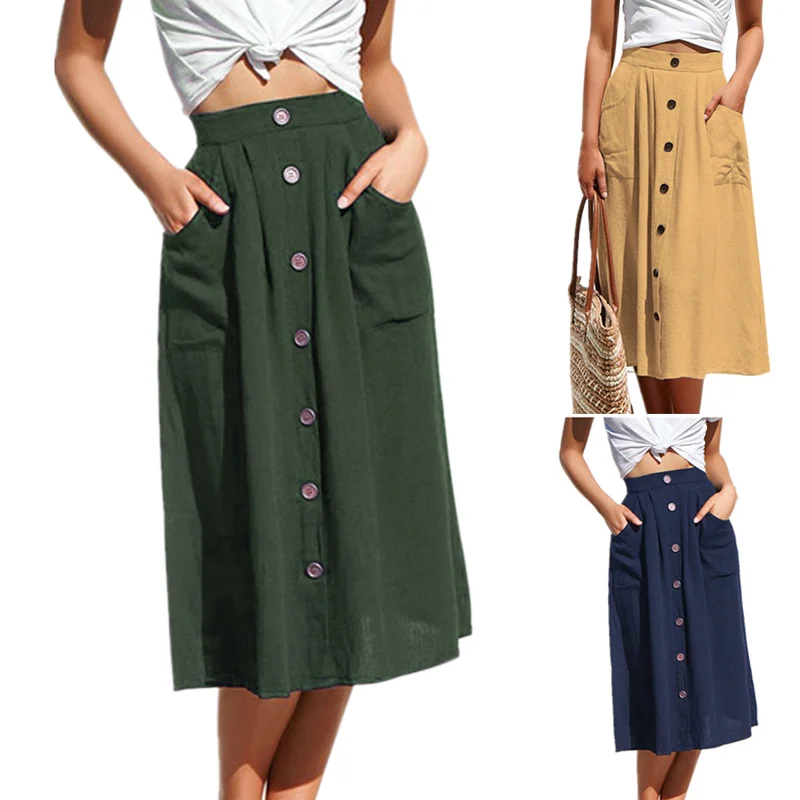 Женская юбка сплошного цвета с кнопками свободные карманы половина юбка для лета TT@ 88