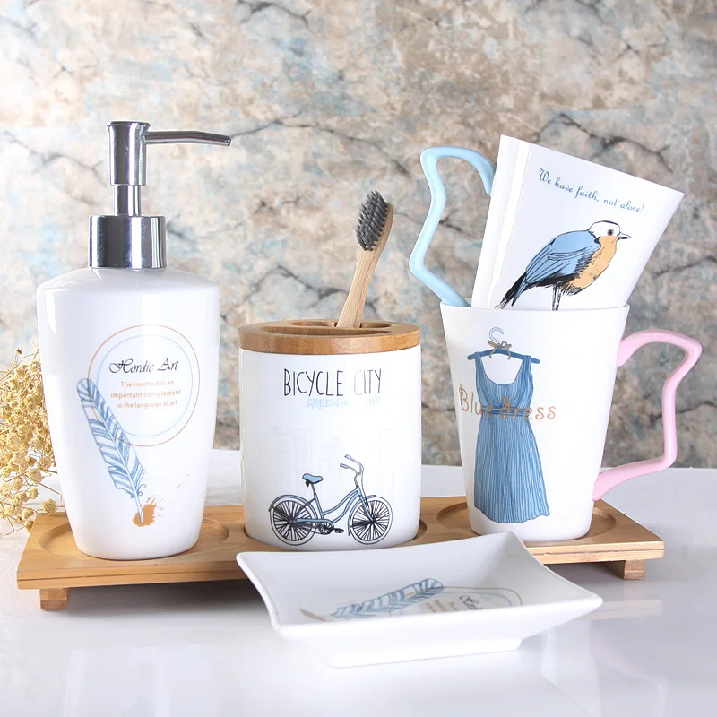 

NEWYEARNEW Fashion Cute Ceramic Bathroom Set with Bamboo Frame Letters High-grade Wash Gargle Cup Toothbrush Suit Wedding Gifts