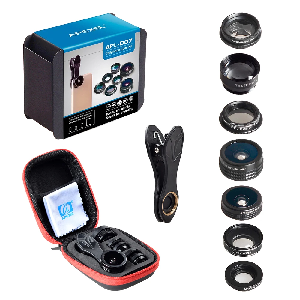 APEXEL 5в1 6в1 7в1 10в1 набор объективов для камеры телефона рыбий глаз широкоугольный Макро телескоп набор объективов для iphone xiaomi Redmi Phone