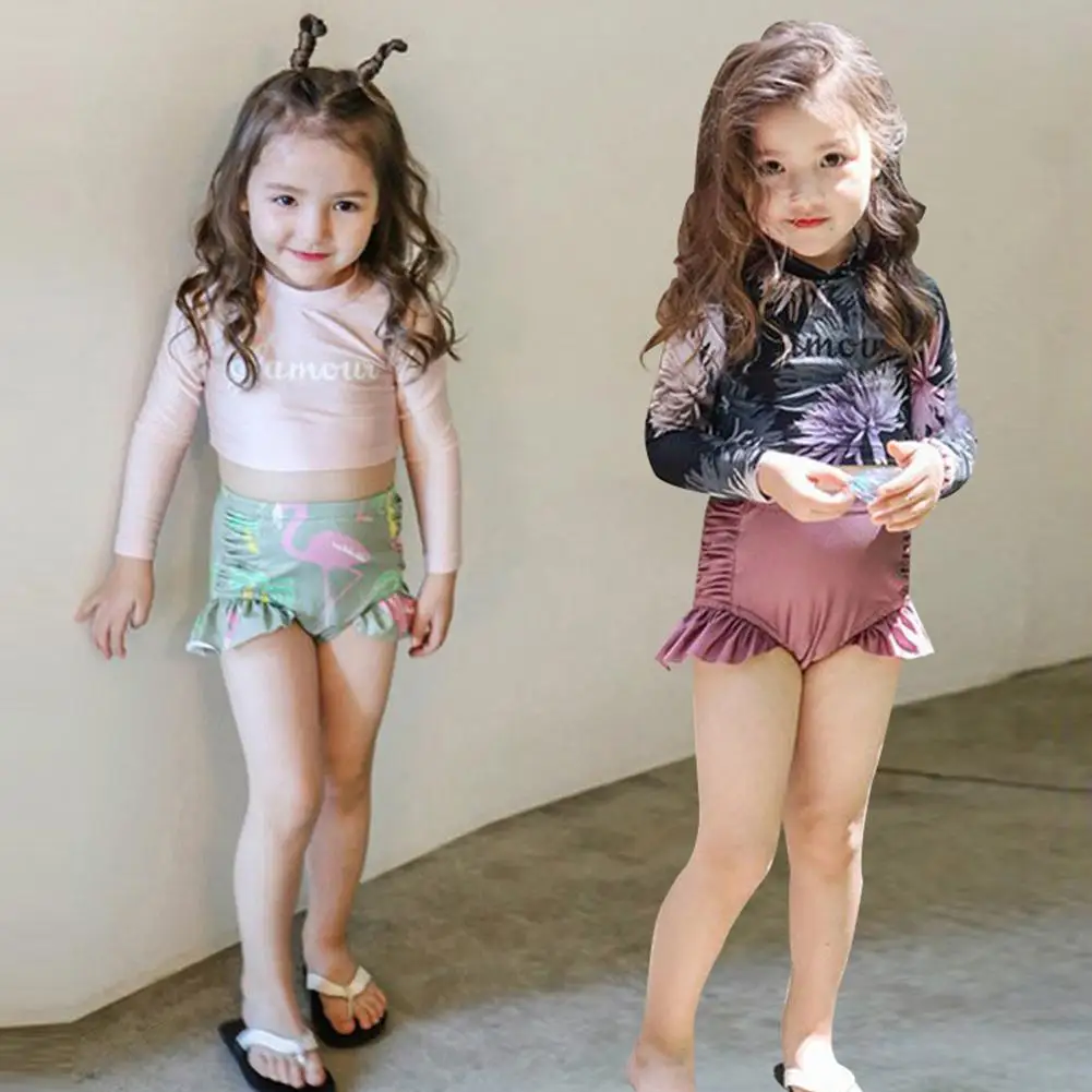 

3pcs/Set Kids Girls Sunscreen Swimwear Long Sleeve Tops High Waist Ruffles Printing Shorts Hat Baby Girls Children Swimsuit set