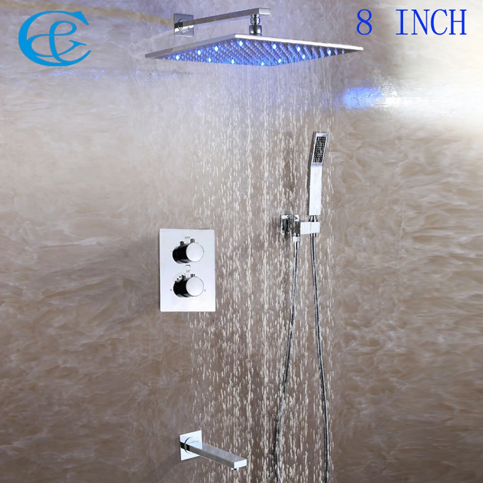 

Brass Spout Square Chrome Brass Rainfall LED Shower Head Contemporary Style Bathroom Thermostatic Shower Faucet