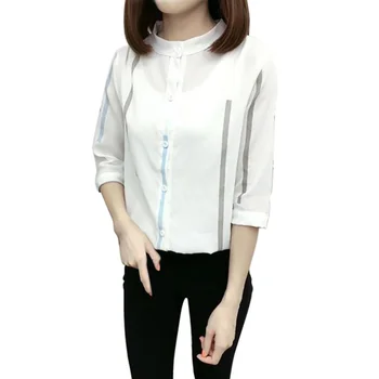 

2018 Women's Stand Collar Chiffon Shirt Thin Fabric Blouse Striped Summer Comfy Tops