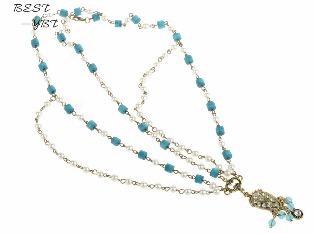 

Wholesale Bohemian Korean Pearl Blue Retro Statement Headbands Hair Chain Acessories for Women