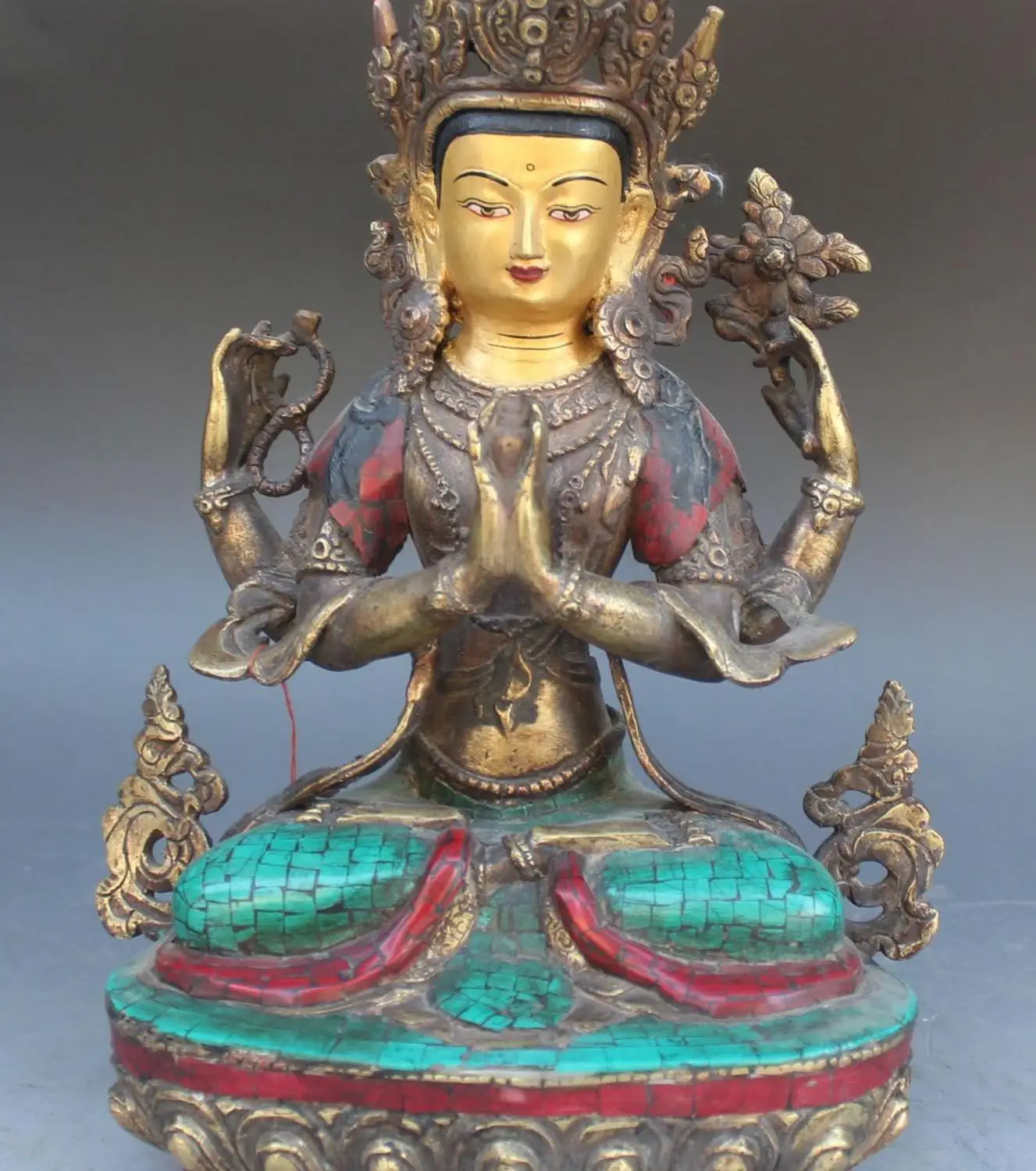 

12"Tibet Nepal 100% Bronze Gold Turquoise Coral 4-Arms Chenrezig Buddha Statue