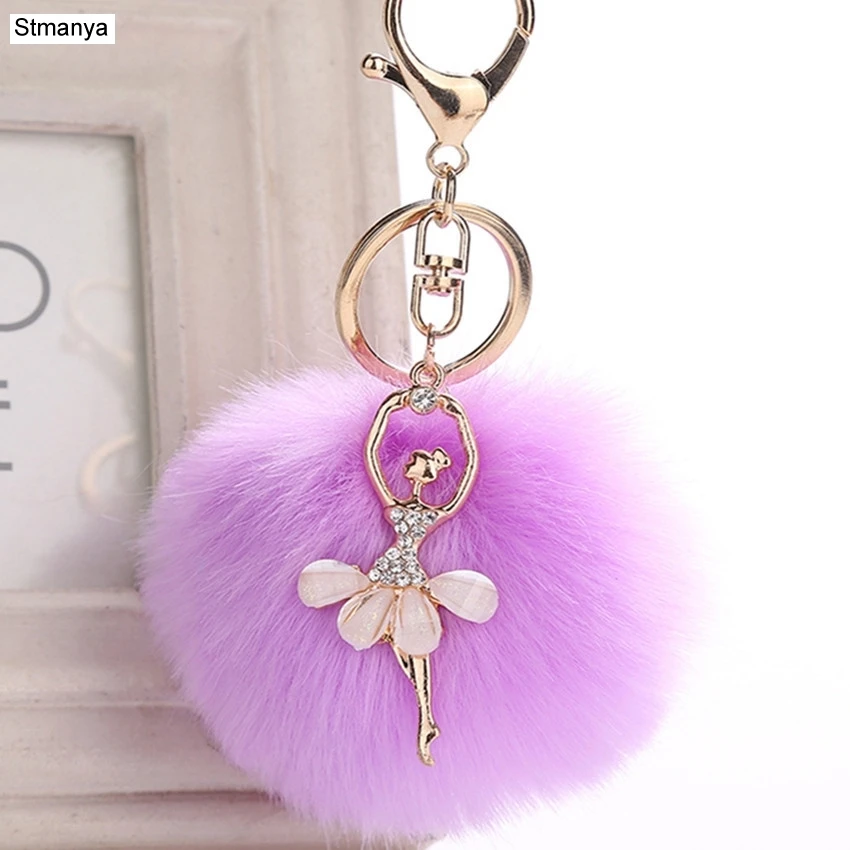 

WomenAngel Keychain 8cm Fur Pom Pom Key Chain Faux Rabbit Hair Bulb Bag Car Pendant dance girl Fox Fur Ball Key Ring Party gift