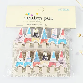 

12 pcs/lot Kawaii Eiffel Tower Cartoon Wooden Clip Photo paper Clothespin Craft Clips Party Decoration Clip with Hemp Rope