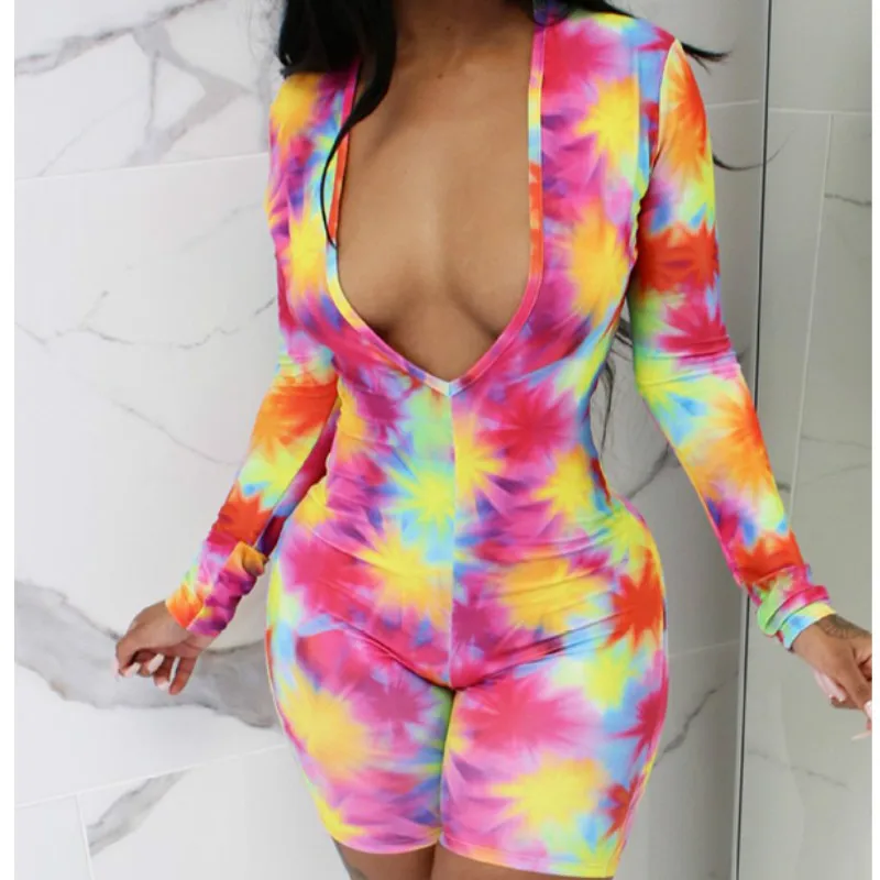 

2019 Women Ladies Rainbow Print Clubwear Bodycon Playsuit Long Sleeve Deep V-neck Party Jumpsuit Romper Drop Ship
