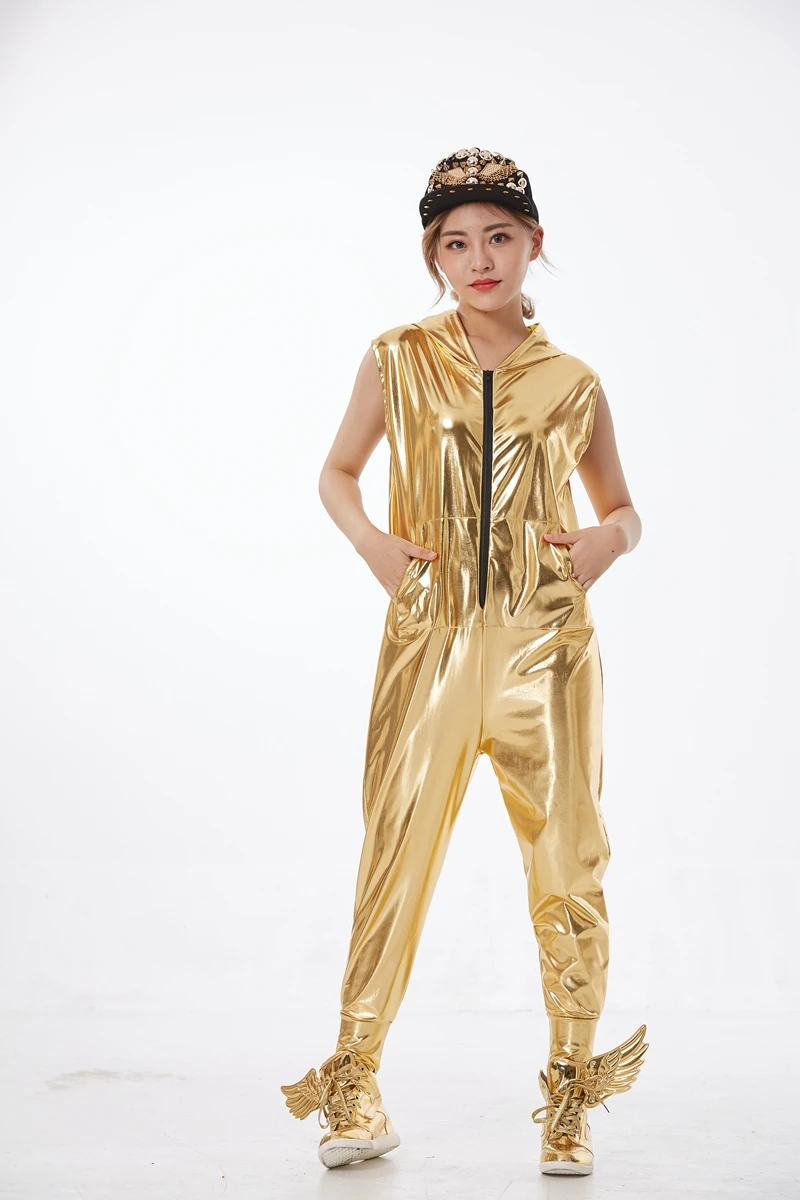 Весенне-летний танцевальный костюм для сцены в стиле хип-хоп, одежда для выступлений, европейские свободные шаровары, джаз, для детей, для взрослых, золотистый комбинезон, цельные штаны