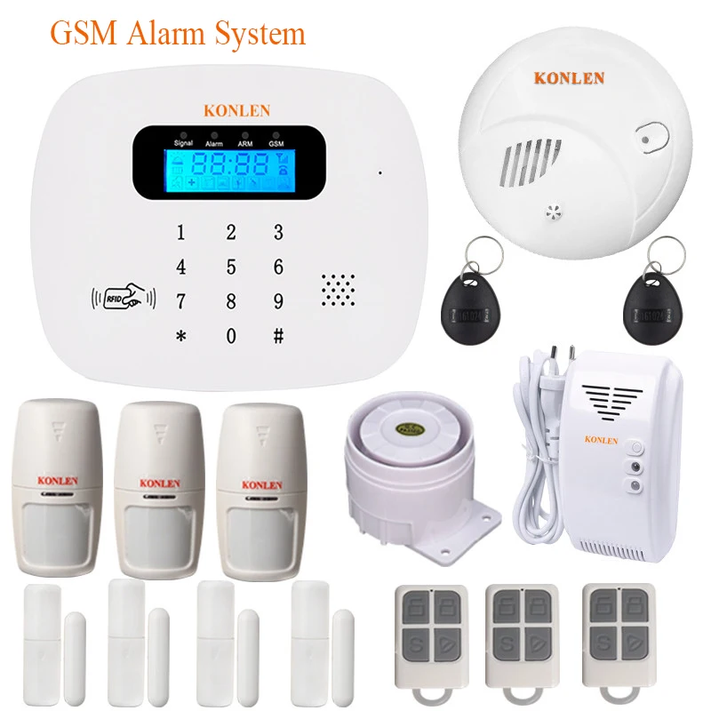 

KONLEN Wireless Wired GSM Alarm System for Home House Security Burglar RFID SMS Anti theft Safe Panel Sim Card Smoke Gas PIR Kit