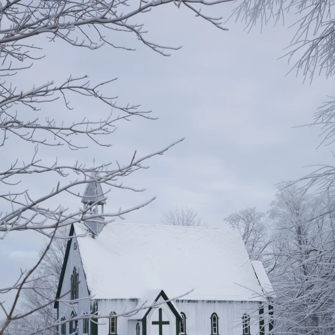 Holy Trinity Anglican Church And Cemetery Through Snow-Covered Trees In Winter