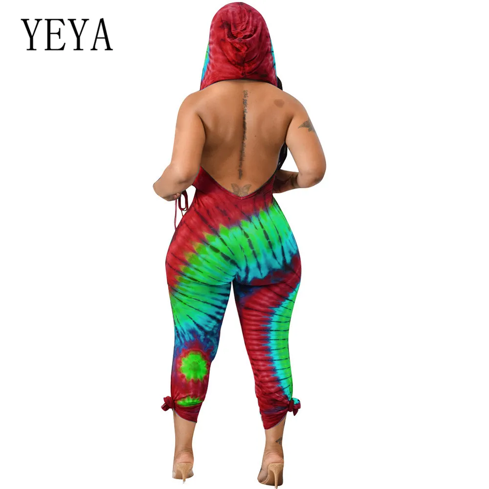 YEYA Rompers Casual Women's Hooded Sleeveless Tie-up Jumpsuits Fashion Tie Dyeing Bodycon Bandage Playsuits Women Combishort YEYA Rompers Casual Women's Hooded Sleeveless Tie-up Jumpsuits Fashion Tie Dyeing Bodycon Bandage Playsuits Women Combishort