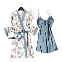 Новые кружевные Сатиновые шелковые комплекты из 2 частей, женские халаты+ платье, летние корейские сексуальные шелковые женские ночные рубашки на бретельках, домашняя одежда