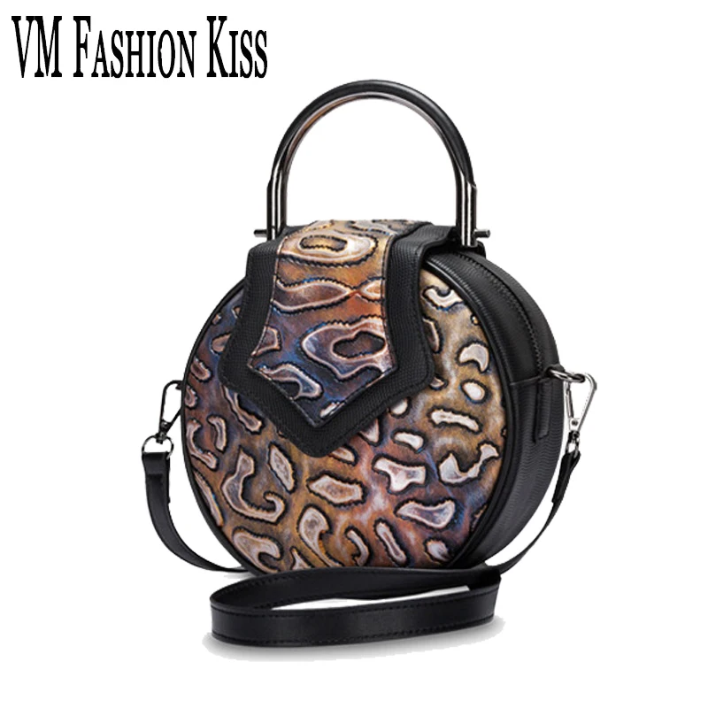 

VM FASHION KISS New MINI Circular Stone Pattern Genuine Leather Women Messenger Bag For Girl Round Handbag Luxury Quality