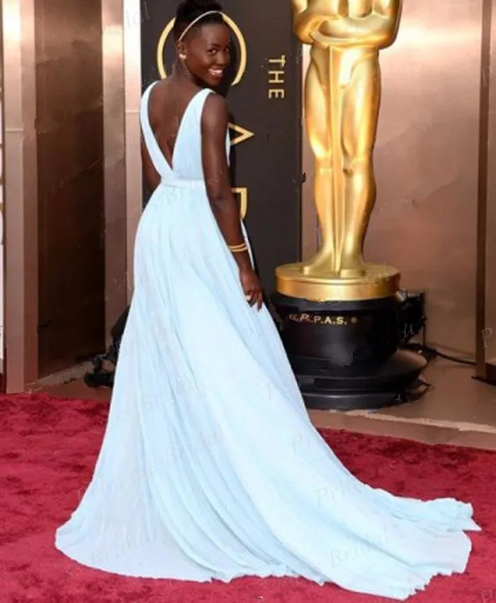 A Line Глубокий v-образный вырез V Back Lupita Nyong'o Oscars светло-голубое красное ковровое платье платье знаменитостей платья для выпускного вечера