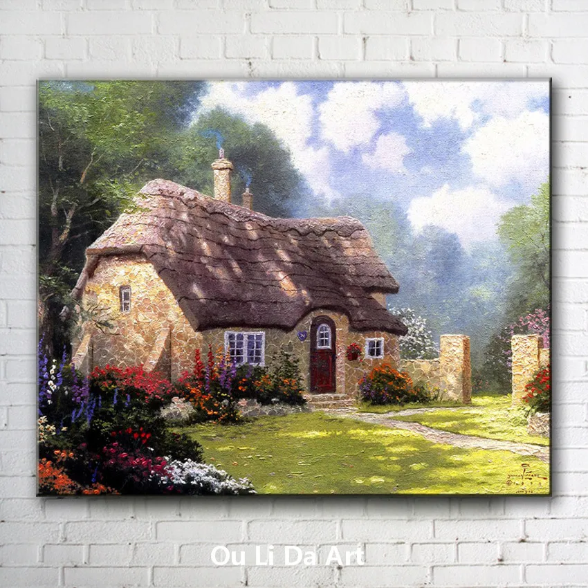 Kopen Klassieke Thomas stenen huis tuin landschap canvas drukken olieverf gedrukt op canvas thuis muur decoratie pictures