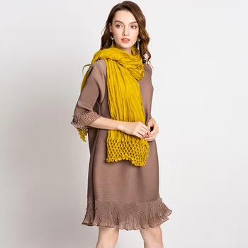 

Autumn Women Pleated Fashion New Solid Color Beads High Quality Loose Lady Elegant Long Sleeved One Piece Dress