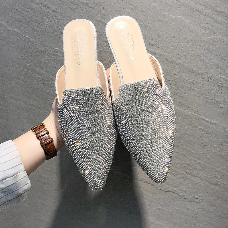 

Slippers Brief Mules Low Rubber With Rhinestones Female Summer Ladies Loafer Modis Outside Water Leather Babouche Closed Toe