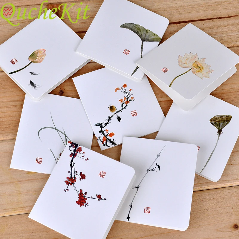 

5pcs Chinese Classical Style Greeting Card Birthday Valentines Day Gift Postcard With Envelope Plum Lotus Printing Blessing Card