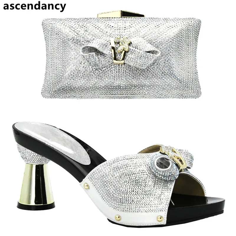 

New Arrival Rhinestone Women Wedding Shoes and Bag Set Italian Shoes with Matching Bags for Wedding Italy Nigerian Women Shoes