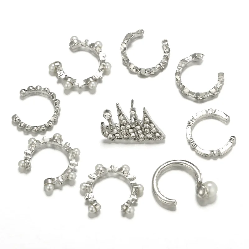 

G.YCX 9 paris/set Bohemian Round Imitation Pearl Ear Clip Cuff for Women Silver Irregular no Pierced Ear Clips Earrings Set