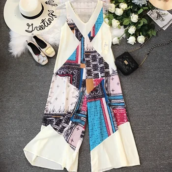 

Multicolor Floral Print V-Neck Jumpsuit Going Out Elegant Vacation Bohemian Beach Sleeveless Summer Women Sexy Jumpsuit