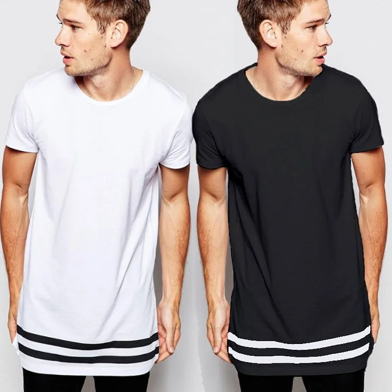 Men t shirt extended longline hipster t shirt men stripes t shirt Homme Long Line T shirt with Striped Hem