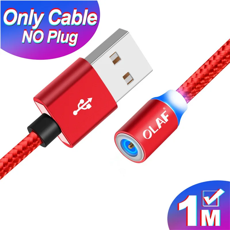 Магнитный Micro USB кабель OLAF 2A Зарядка 1 м 2 м светодиодный магнитный кабель для зарядки и передачи данных для Xiaomi 4X huawei P8 Lite samsung A5 J5 J7 - Цвет: 1M Only Red Cable