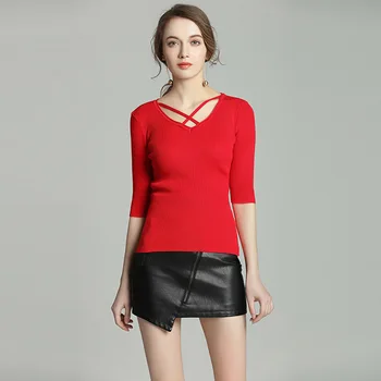 

red sweater women knitted sweaters woman oversized long fashion 2019 spring autumn plus large size slim fit Pullover V Collar