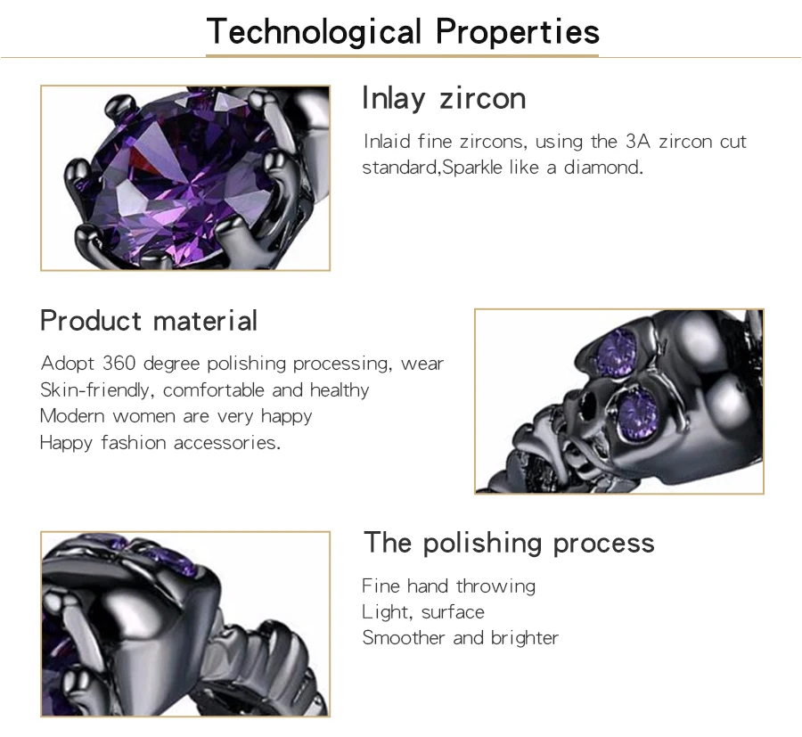 Австрийские готические кольца с черным пистолетным покрытием в стиле ретро с черепом для женщин, фиолетовые кристаллы CZ, свадебные украшения, вечерние модные кольца в подарок