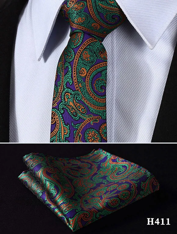 Проверьте цветочный Пейсли полоса 2,7" Шелковый Свадебный жаккардовый тканый Для мужчин галстук карман квадратный носовой платок, комплект# H4 - Цвет: H411