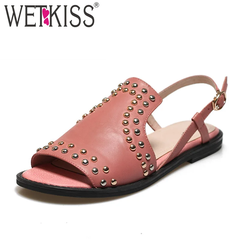 

WETKISS Fashion Casual Women Sandals Open Toe Footwear Cow Leather Sandals Ladies Rivet Girl Gladiator Shoes Women Summer 2019