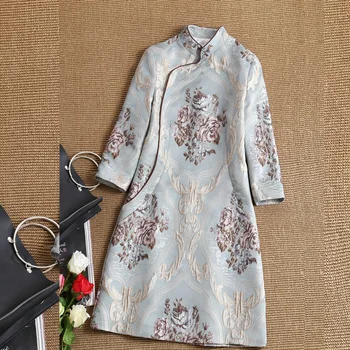 

New 2020 Spring Women Stand Collar Three Quarter Jacquard Embroidery Improved Chinese Cheongsam Dress Female Under Brand Dress