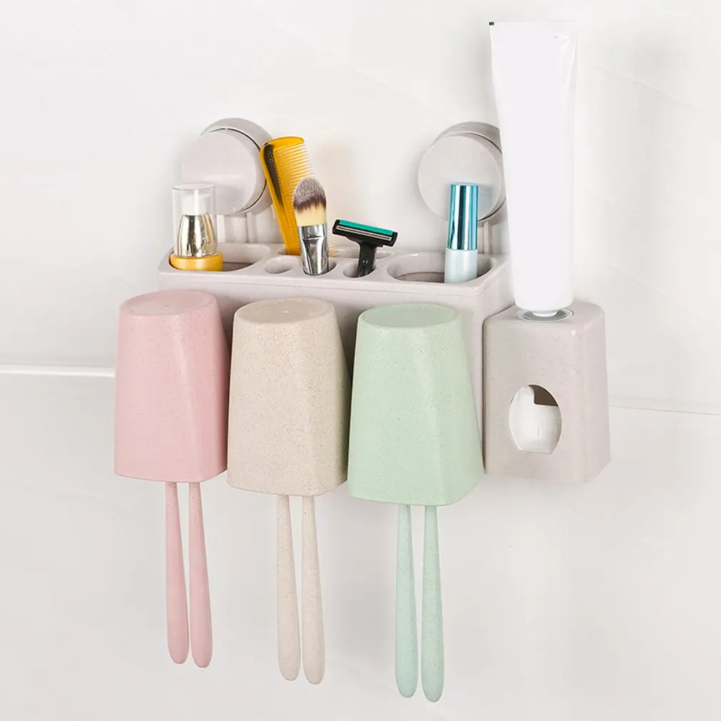 Wheat Straw Sucker Wall Mount Tooth Brush Holder Wash Suit with 3 Cups Toothpaste Squeezer Bathroom Accessories