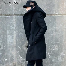 2016 neue Koreanische Mode herren Einfarbig Kapuze Wollmantel Zurück Split Lange Jacke Mantel Mann Verdicken Schlank Hoody