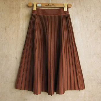 

female pure color midi skirts Korean slim knitted high waist skirt faldas mujer moda office lady pleated skirt Jupe