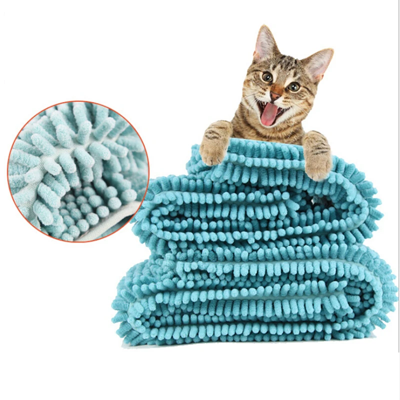3 Colors Absorbent Microfiber Chenille Cat Dog Towel with Hand Pockets