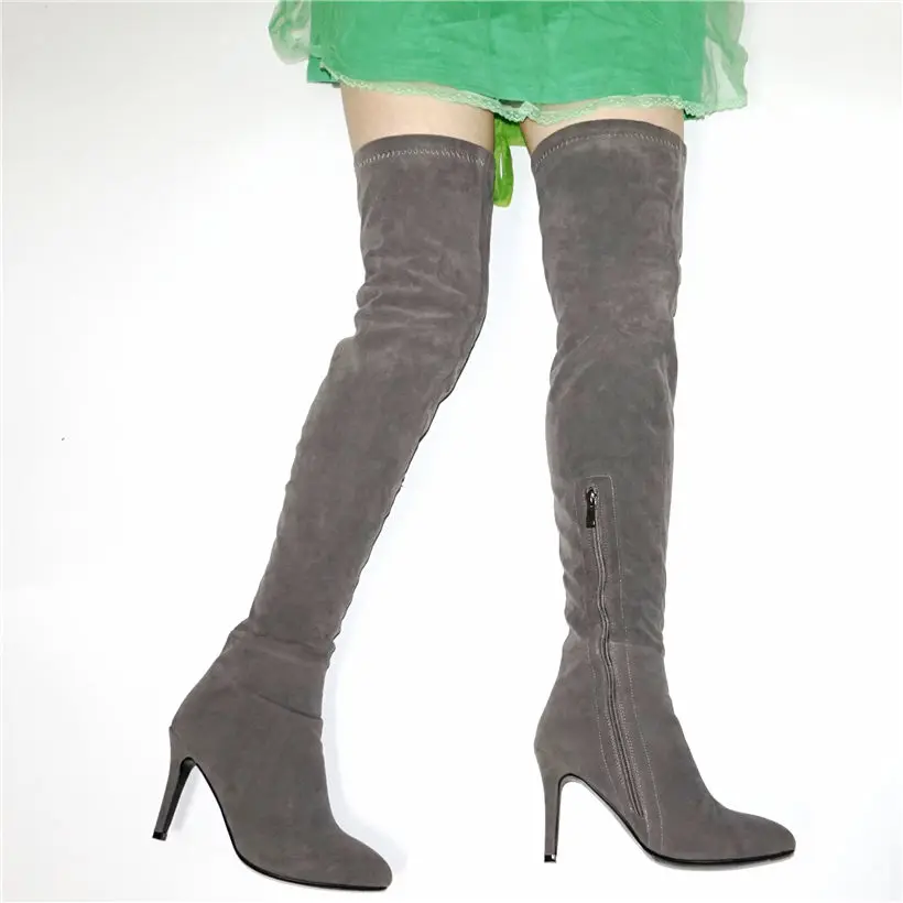 

NAYIDUYUN Black Grey Thigh High Boots Women Faux Suede Pointed Toe Over The Knee Booties Slim High Heel Party Pumps Shoes
