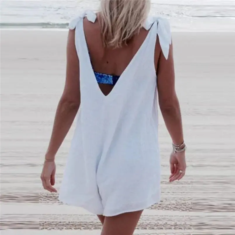 New Women Summer Casual Bow V Neck Sleeveless Loose Short Rompers Playsuits Beach Holiday Elegant Lady Fashion jumpsuit #4R06  (4)