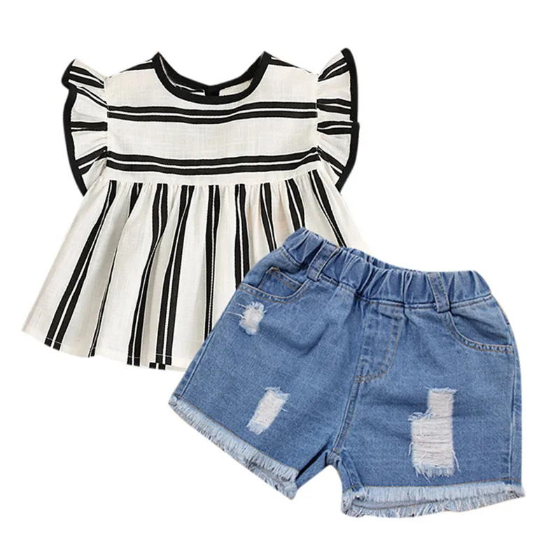 

Telotuny Children's Clothing Striped T-shirt Top+Denim Shorts Pants Set 2Pcs Clothing Children Clothes Set Kids Girls Apr22
