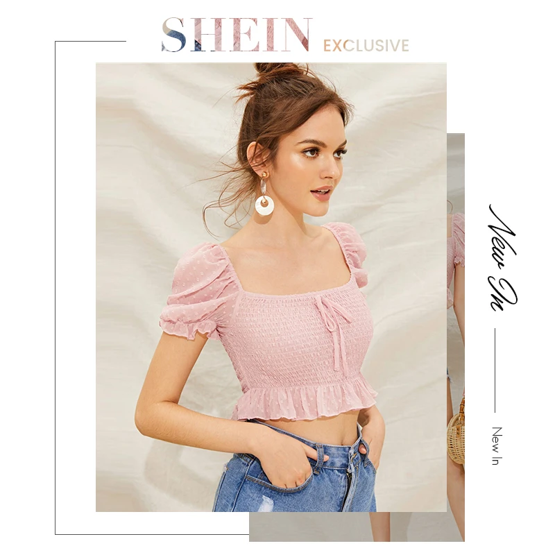 SHEIN Boho Сексуальный розовый Швейцарский горошек гофрированный подол гофрированный укороченный Топ Блузка с пышными рукавами женские летние облегающие милые топы и блузки