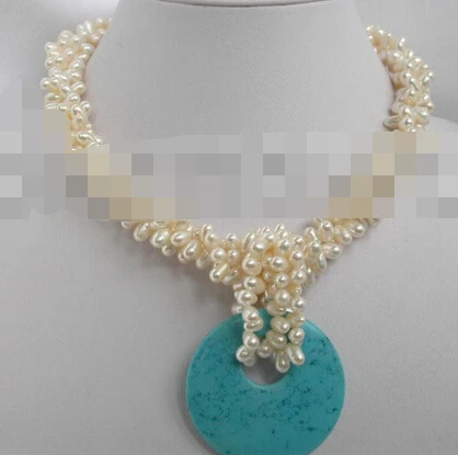 

ddh002777 Charming 3strands Baroque white pearls necklace turquoise pendant
