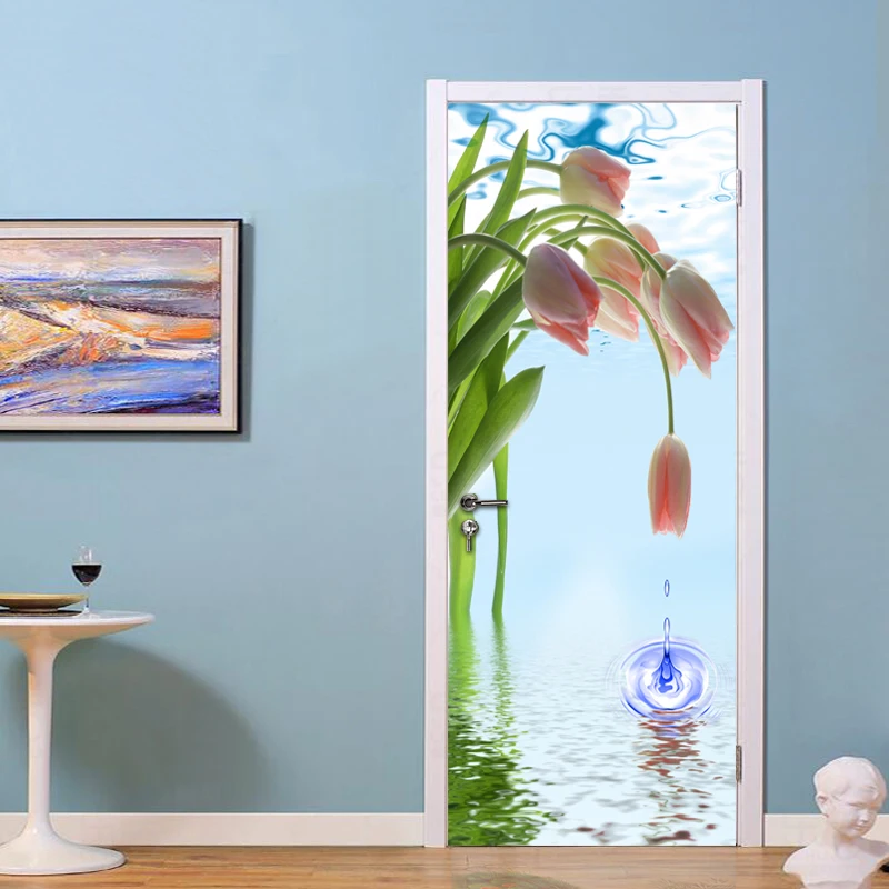 

PVC Waterproof Self-adhesive Door Sticker Mural Wallpaper Tulip Flower Water Drops 3D Room Door Stickers Wall Papers Home Decor