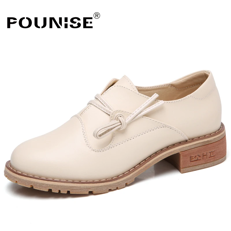 

Pounise women flats Genuine Leather shoes woman 2019 Spring Oxfords Shoes lace up platform fashion ladies shoes Luxury Designer