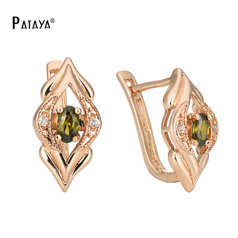 

PATAYA Romantic Olive Green 585 Rose Gold Drop Earrings Natural Cubic Zircon Rhombus Dangle Earrings Women Beautiful Jewelry